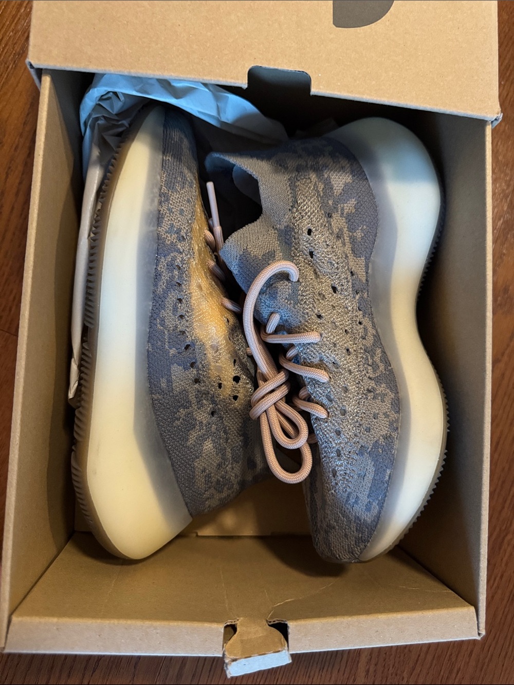 Yeezy Knit Sneakers in Gray with Cream Soles and Pink Laces
